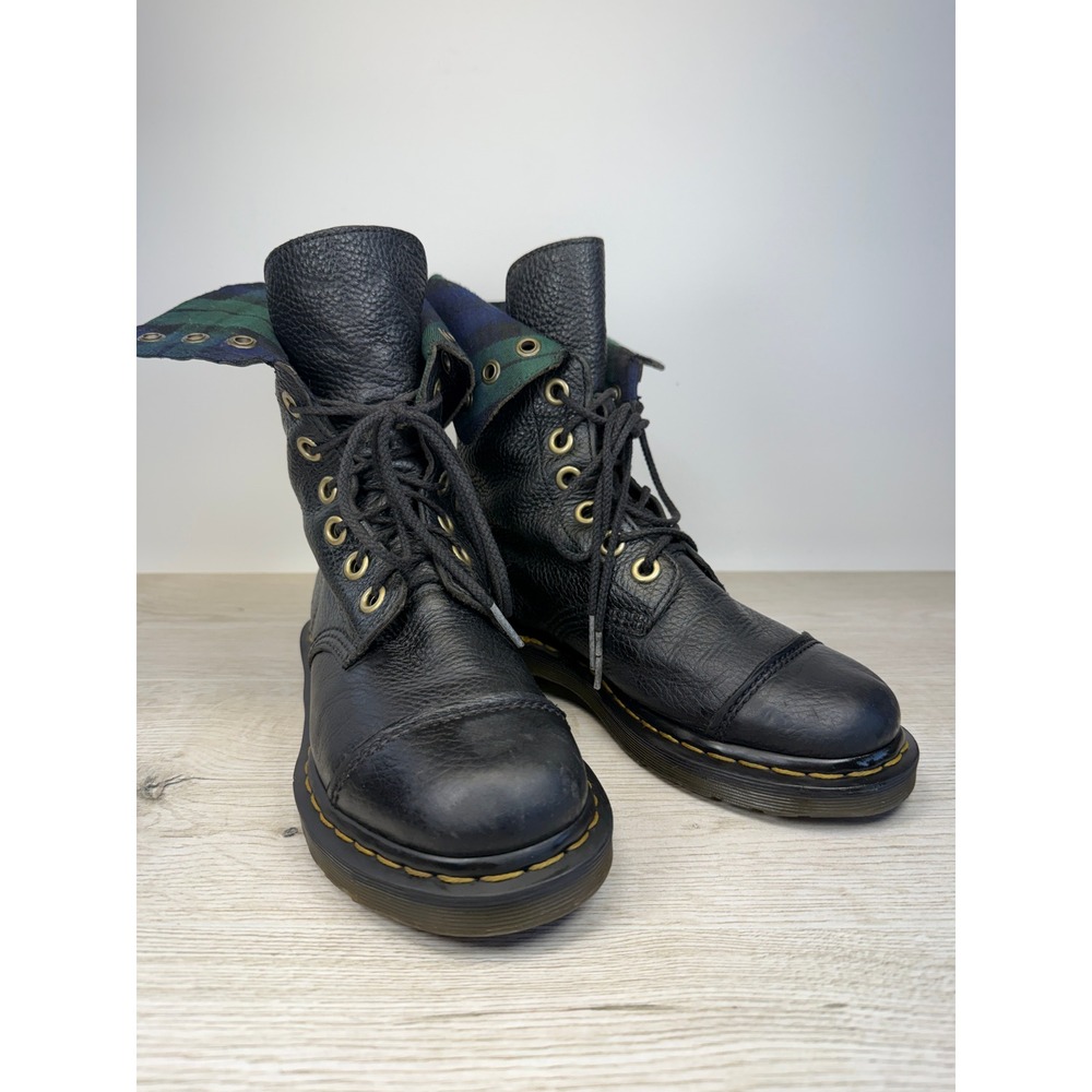 r Martens Aimilita Black Pebbled Leather Plaid Lined Fold Down Combat Boots US 7 - Picture 2 of 10